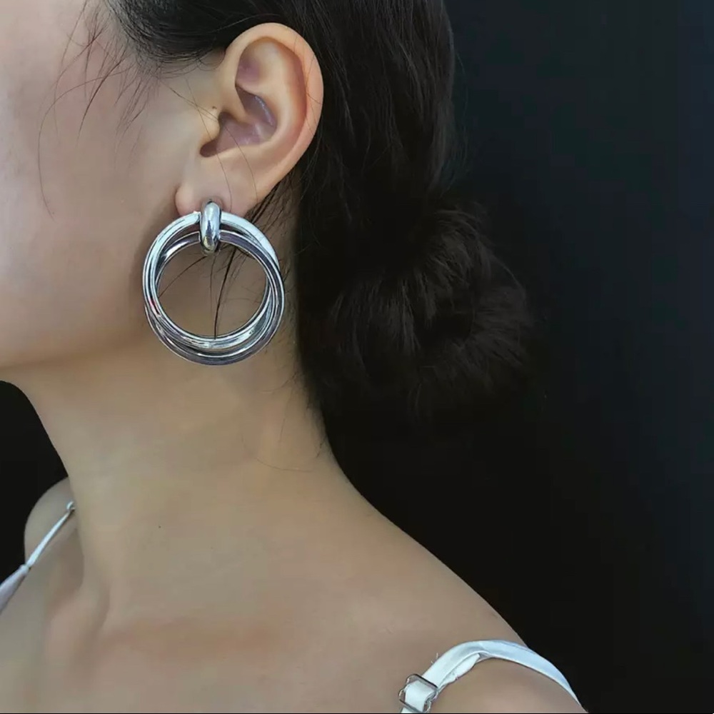 Silver Double Circle Drop Earrings - Picture 2 of 6